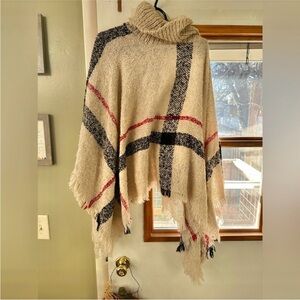 Cozy Plaid Fringe Poncho - Tan, Black, Red